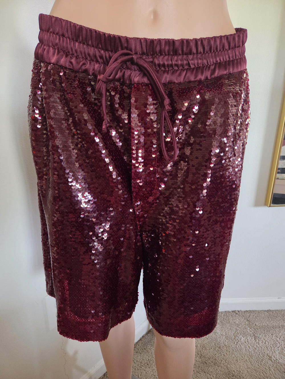 ZARA Burgundy Sequin High Waist Shorts Size Large